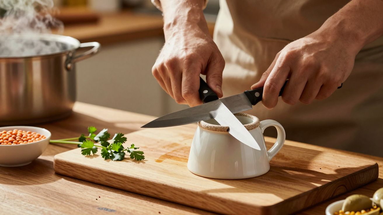Person schleift Messer an umgedrehter Tasse auf Holzbrett in Küche, mit dampfendem Topf und Petersilie daneben.