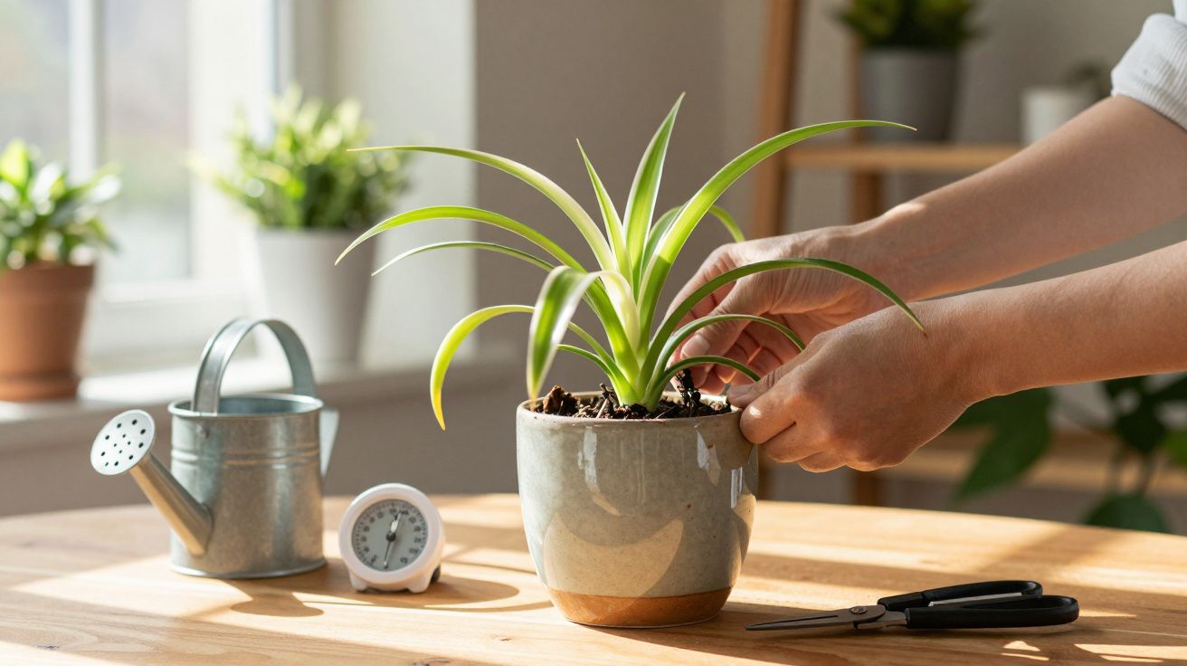 Person pflegt eine Zimmerpflanze auf einem Holztisch, neben einer Gießkanne und Schere, im Sonnenlicht.