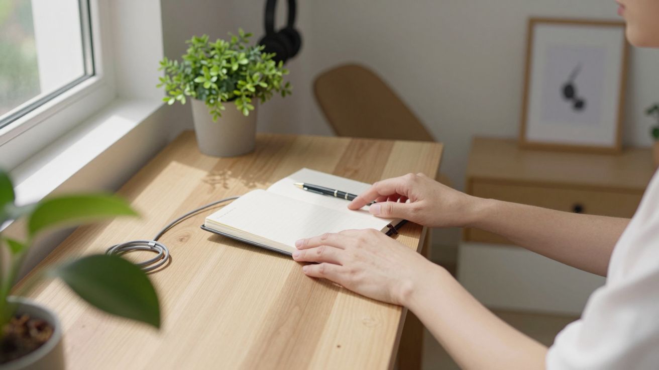 Hände blättern in einem Notizbuch auf einem Holztisch neben einem Fenster mit Pflanzen und Kopfhörer.