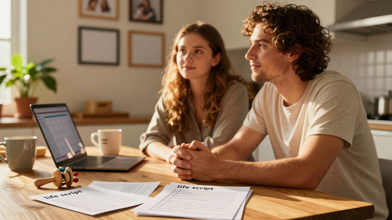 Junges Paar sitzt am Tisch mit Laptop und Papieren, Sonnenlicht durch Fenster.