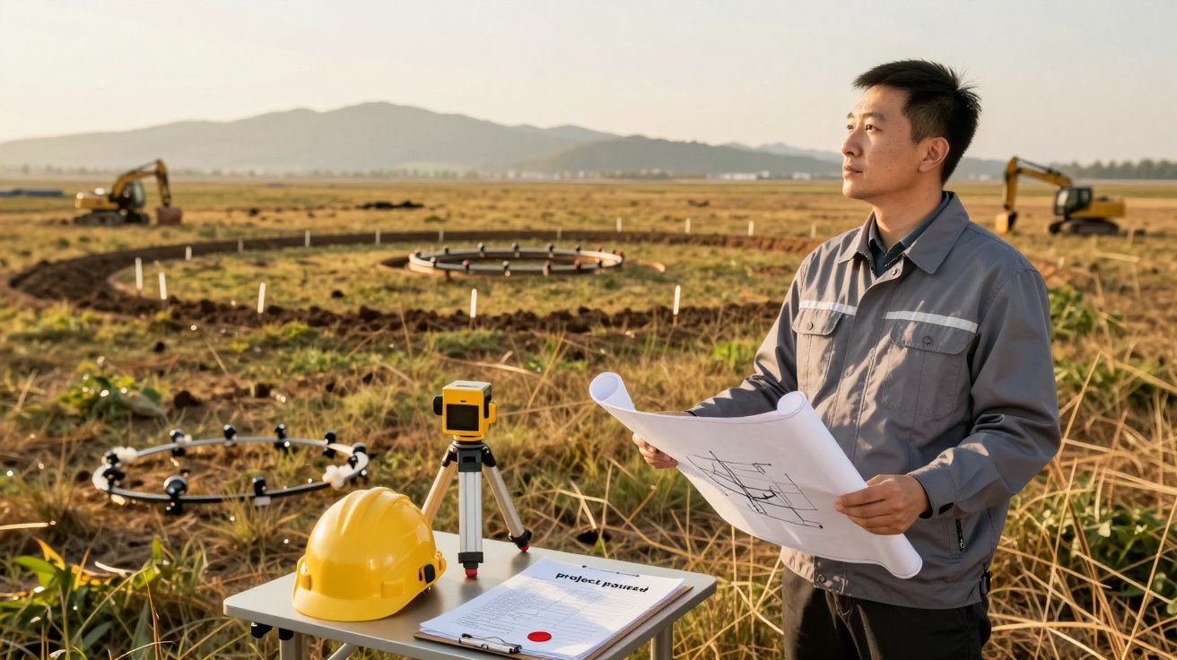 Ingenieur im Freien mit Bauplänen, Bauhelmen und Vermessungsausrüstung auf einem Feld vor Baggern und Bergen im Hintergrund.
