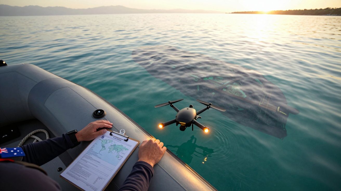 Person auf Schlauchboot beobachtet Drohne über Wasser bei Sonnenuntergang, unter Wasser Schatten eines Schiffswracks sichtbar