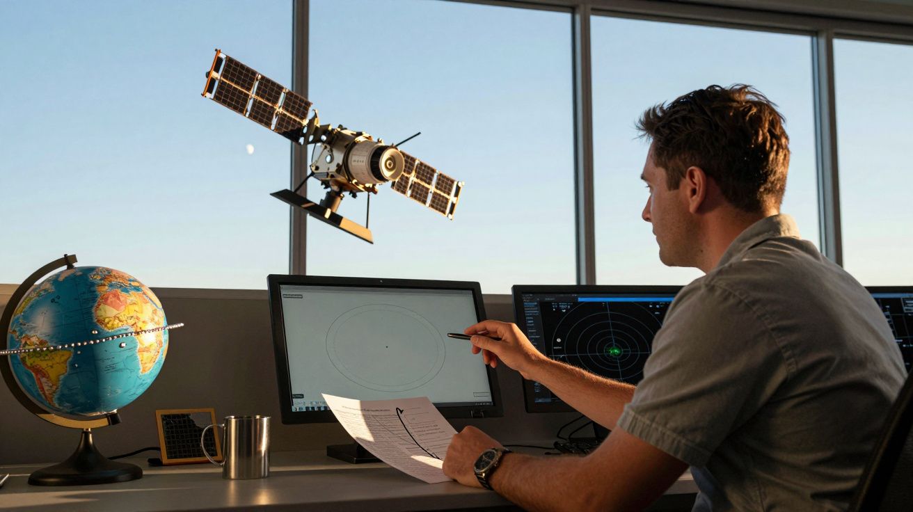 Ein Mann arbeitet an Computern mit Satellitenmodell und Globus auf dem Tisch in einem sonnigen Büro.