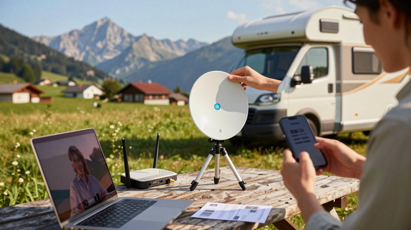 Person in den Alpen benutzt tragbare Satellitenschüssel mit Laptop und Smartphone vor Wohnmobil.