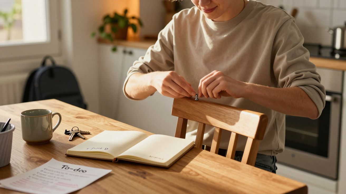 Eine Person sitzt am Tisch in einer Küche, schreibt Notizen in ein offenes Notizbuch. Im Hintergrund ein Rucksack.
