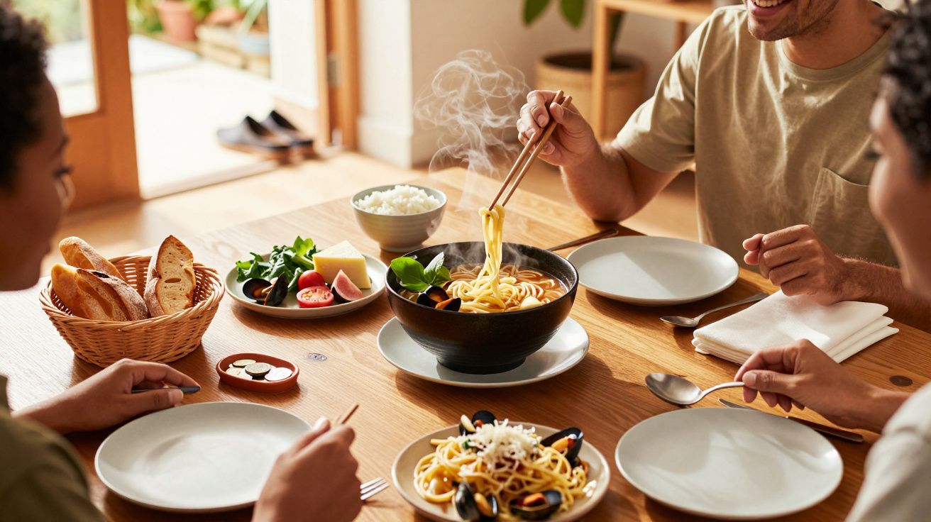 Drei Personen genießen dampfende Nudeln mit Muscheln, Salat und Brot an einem Tisch in einem gemütlichen Raum.