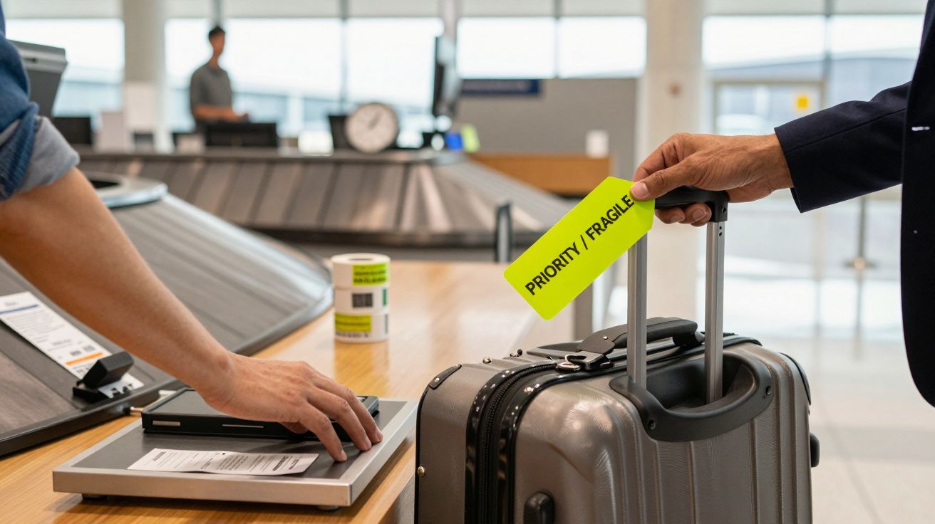 Mann hält Koffer mit "Priority/Fragile"-Schild am Flughafen-Schalter, während ein Mitarbeiter am Computer arbeitet.