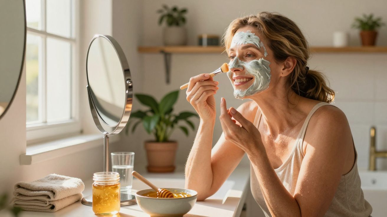 Frau trägt Gesichtsmaske auf, sitzt strahlend am Tisch mit Pflanzen, Spiegel und Honigglas im Sonnenlicht.