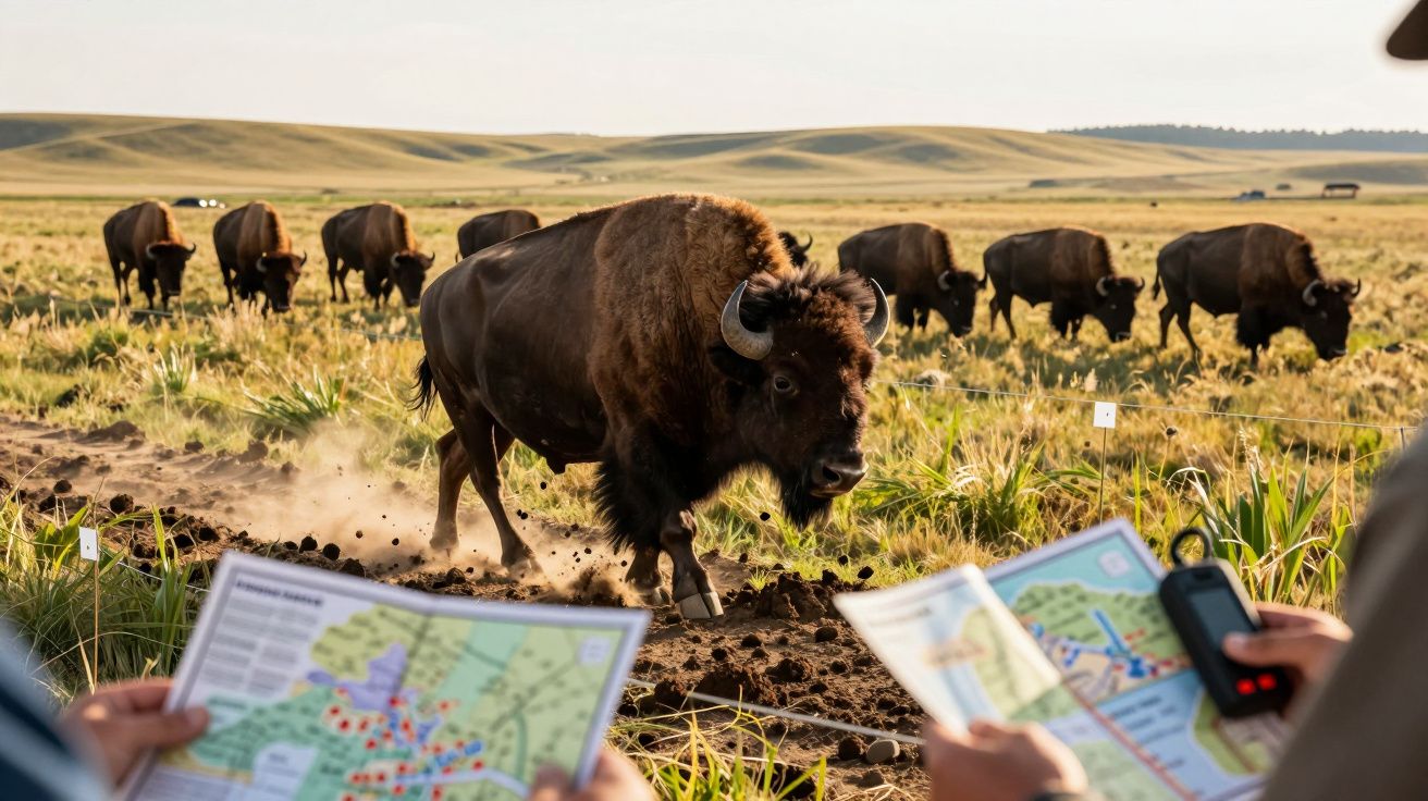 Bisonherde in einer Weidelandschaft, im Vordergrund Karten und ein GPS-Gerät, gehalten von zwei Personen.