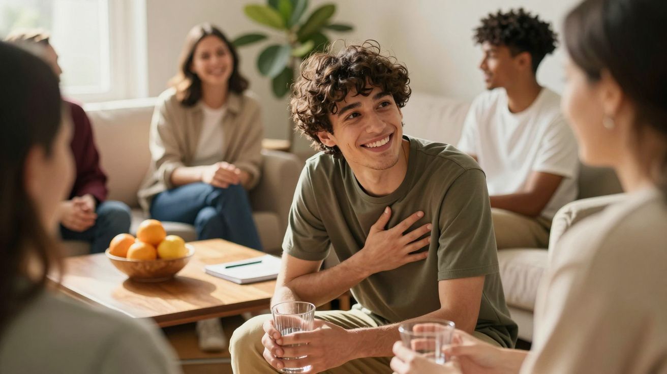 Eine Gruppe von jungen Erwachsenen sitzt gemeinsam im Wohnzimmer, lacht und hält Getränke in der Hand.