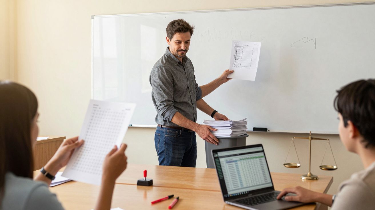 Mann erklärt Dokument vor Tafel in Besprechung. Zwei Personen nehmen Notizen. Laptop und Waage auf Tisch.