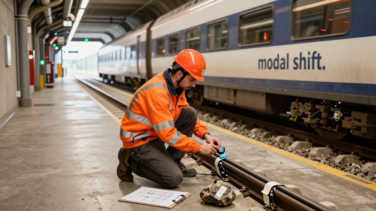 Ein Arbeiter in orangener Sicherheitskleidung überprüft Schienen an einem Bahnsteig, während ein Zug vorbeifährt.