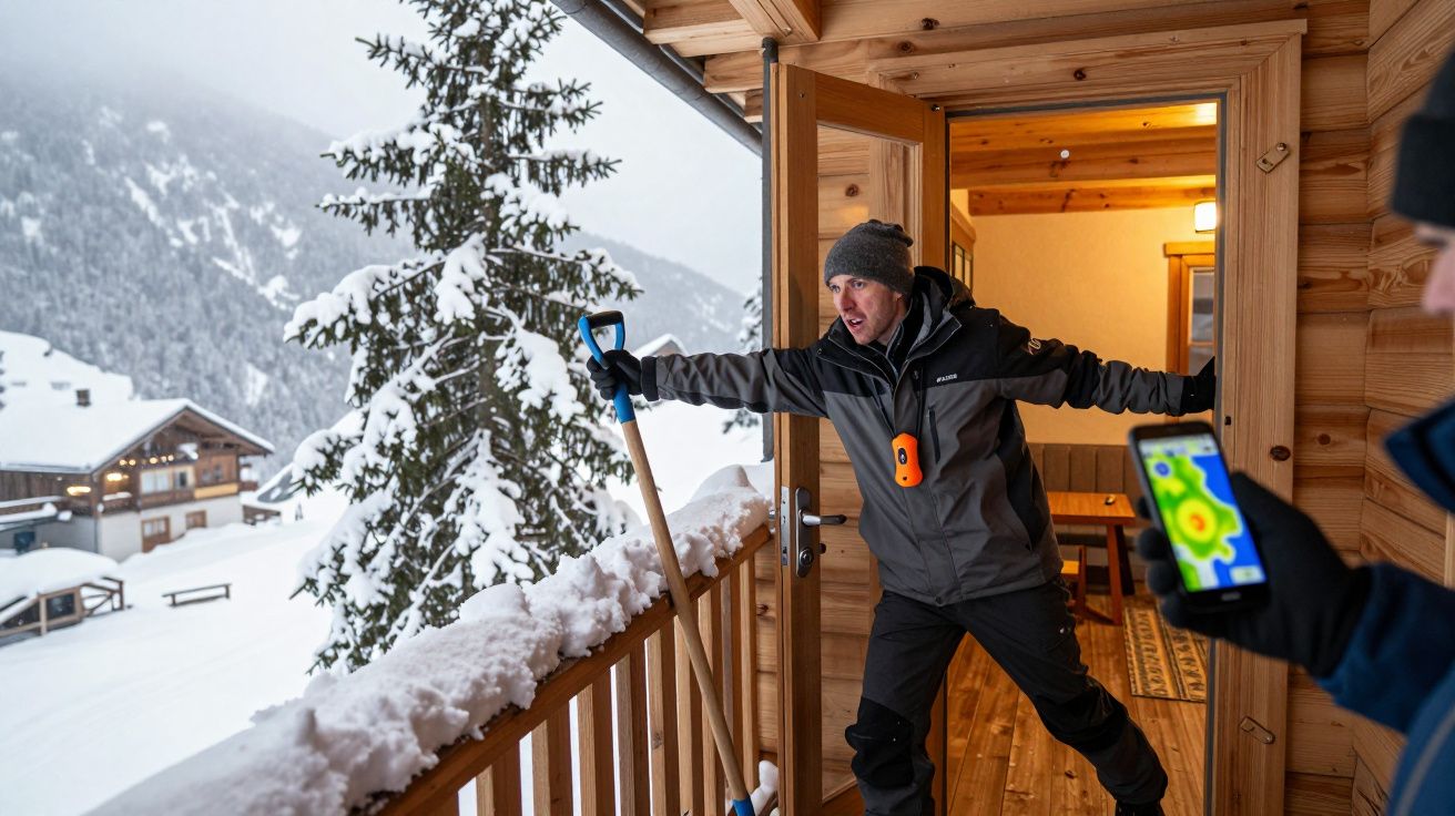 Person auf verschneitem Balkon mit Schaufel, Blick ins Tal. Zweite Person hält Handy mit Farbanzeige. Winterszene in den Alpe