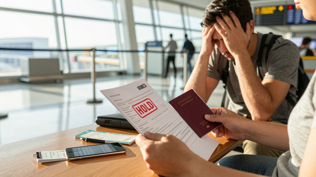 Mann im Flughafen hält Pass und Dokument mit "HOLD" Stempel, ein anderer ist besorgt; Mobiltelefon und Ticket am Tisch.