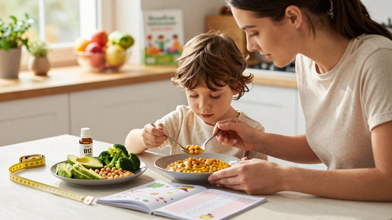 Mutter und Kind essen gemeinsam in der Küche, mit Gemüse und Vitamin B12-Fläschchen auf dem Tisch.