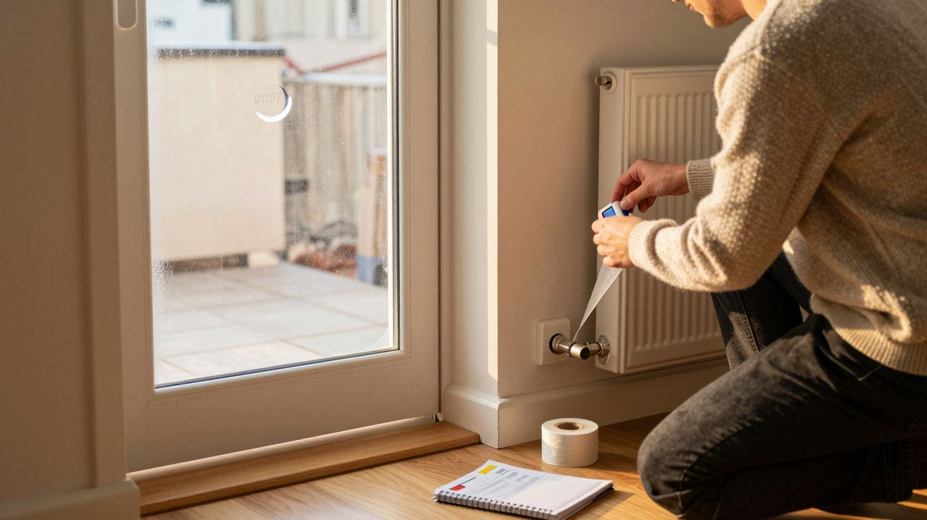 Person dichtet ein Heizungsrohr an einem Fenster ab, mit Klebeband und Notizblock auf Holzboden.