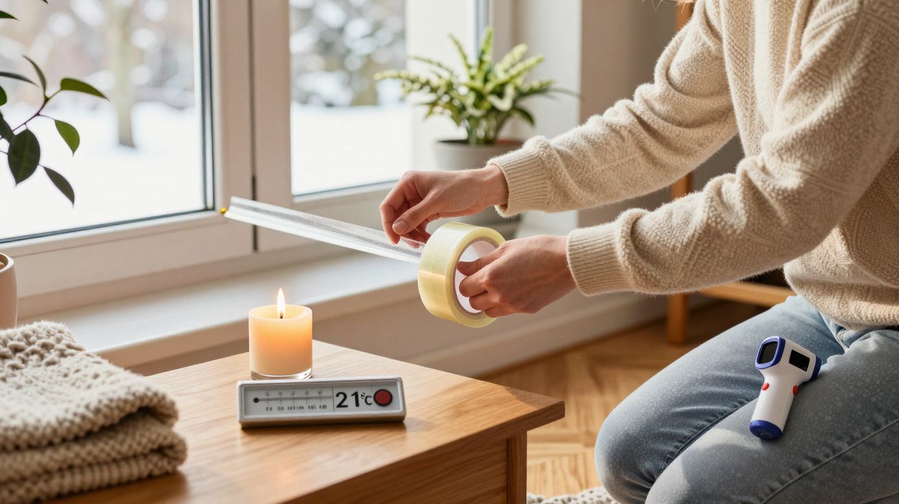 Person klebt Fensterisolierung, auf einem Tisch ein Thermometer zeigt 21°C, daneben eine brennende Kerze und ein Fernthermome