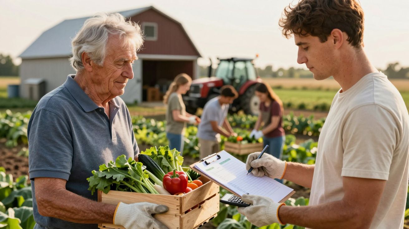 Älterer Mann übergibt Gemüsekiste an jüngeren Mann mit Klemmbrett auf Feld; Traktor und zwei Personen im Hintergrund.