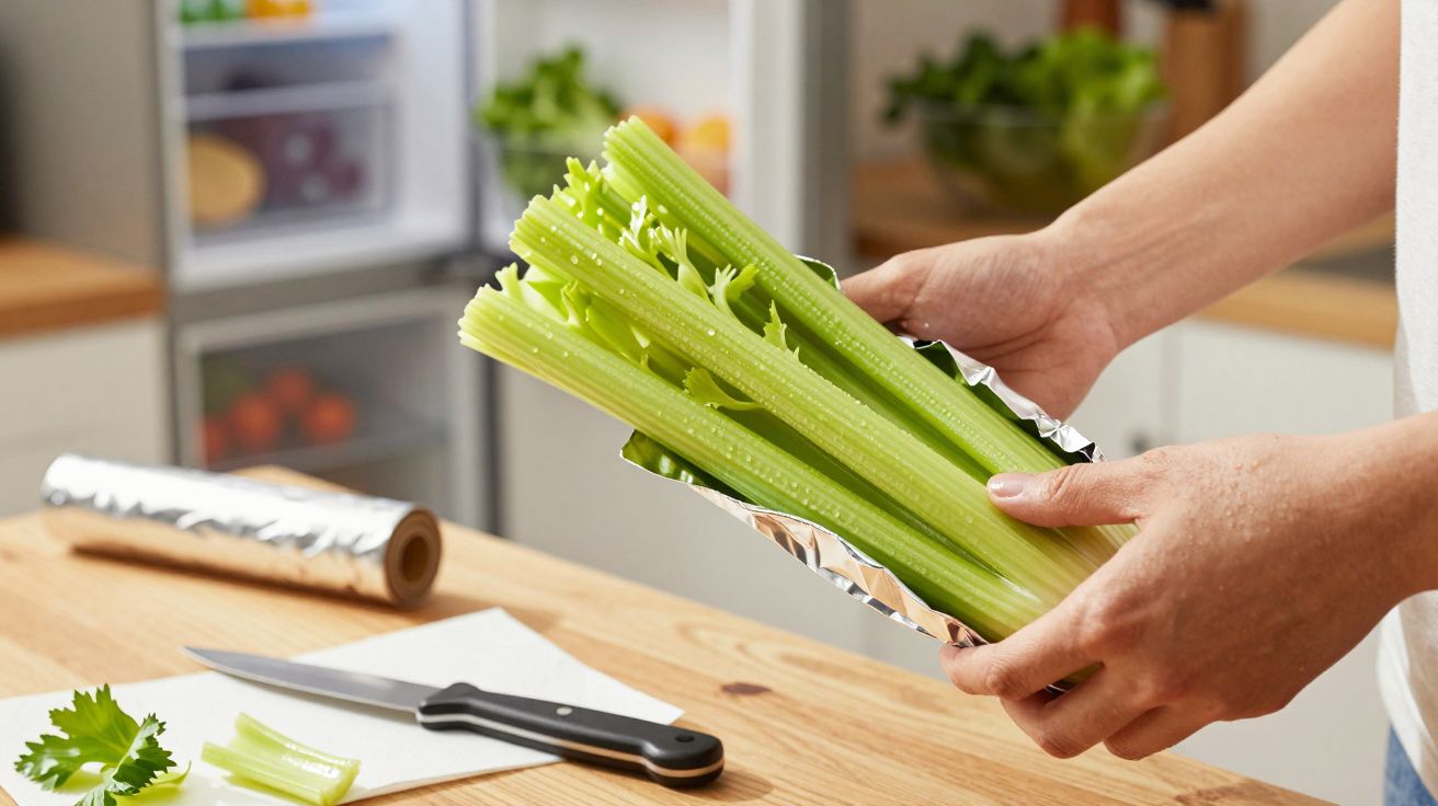 Person hält frischen Stangensellerie in Alufolie in einer Küche, mit einem Messer und einem Teller daneben.