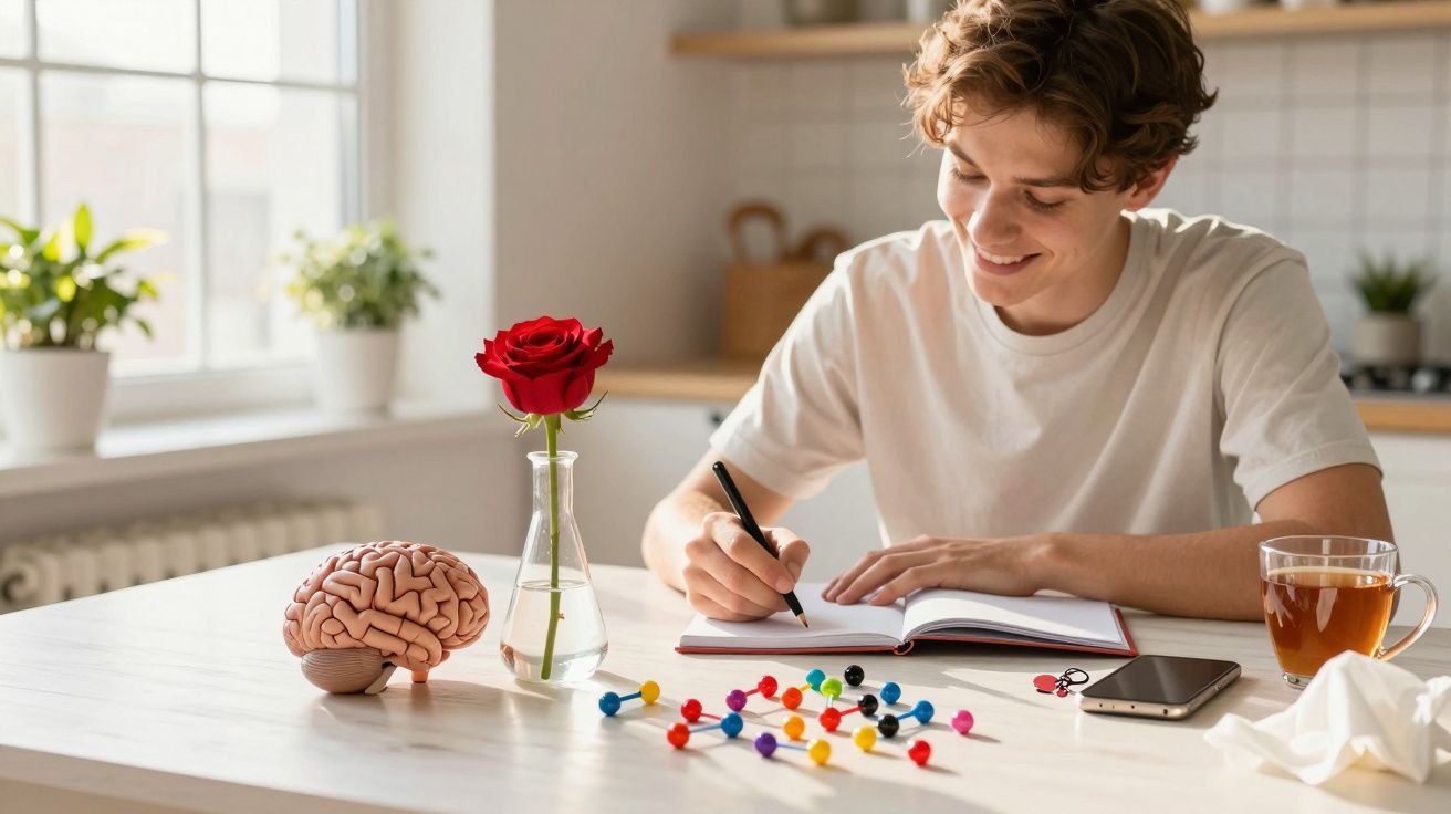 Junger Mann schreibt an einem Tisch, dekoriert mit einer Rose, Modellgehirn und Stecknadeln, Tasse Tee daneben.