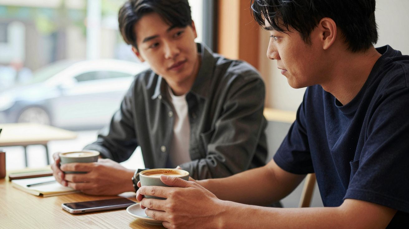 Zwei Männer in einem Café unterhalten sich bei einer Tasse Kaffee.