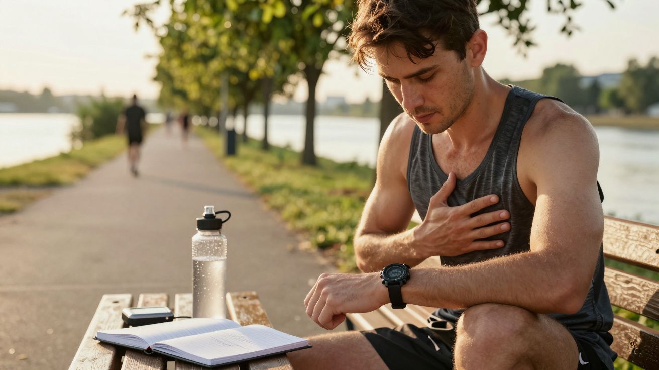 Mann in Sportkleidung sitzt auf Bank am Fluss, misst Puls, Wasserflasche und Notizbuch neben ihm, Jogger im Hintergrund.
