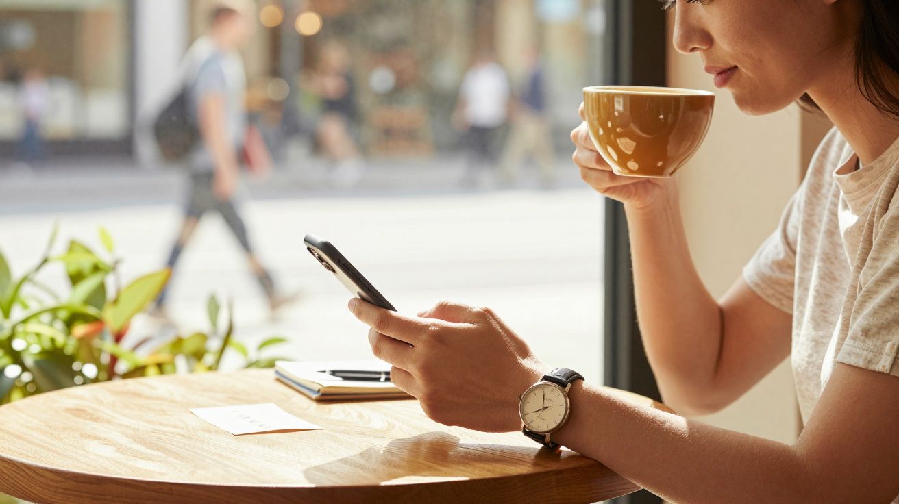 Frau trinkt Kaffee und schaut auf ihr Smartphone in einem Café. Sonnenlicht fällt durch das Fenster auf den Tisch.