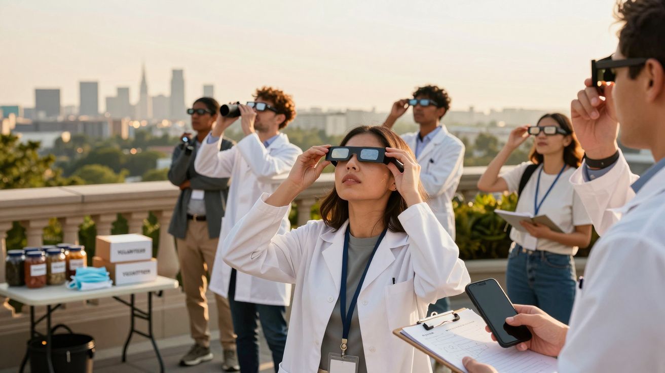 Menschen in Laborkitteln beobachten Sonnenfinsternis mit Spezialbrillen auf einer Terrasse mit Stadtblick im Hintergrund.